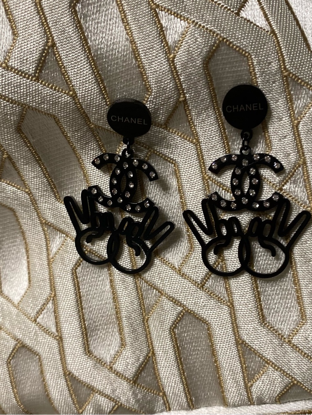 ChaneI. Peace ✌🏻 Sign Earrings Black with Crystal Accents - Picture 3 of 4